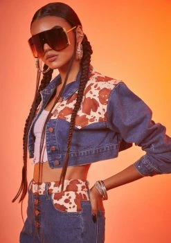 Poster Grl Outerwear Classy In Cow Print Cropped Denim Jacket