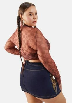 Poster Grl Real Luxury Vibes Checker Mesh Crop Top Tops