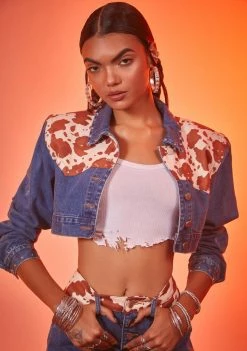 Poster Grl Outerwear Classy In Cow Print Cropped Denim Jacket