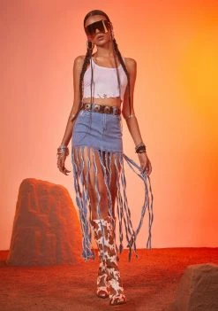 Poster Grl Runaway Hottie Fringe Denim Skirt Bottoms