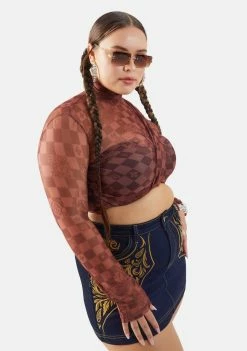 Poster Grl Real Luxury Vibes Checker Mesh Crop Top Tops