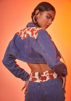 Poster Grl Outerwear Classy In Cow Print Cropped Denim Jacket